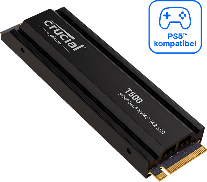 Crucial T500 1TB PCIe Gen4 NVMe M.2 Interne Gaming SSD mit Kühlkörper, bis zu 7300MB/s, Playstation 5 (PS5) kompatibel 1 Monat Adobe CC alle Apps — CT1000T500SSD5