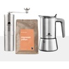 Groenenberg Spar Set 4: Kaffeemühle manuell + Espressokocher Induktion + 250g Bio Espressobohnen | Mokkakanne aus Edelstahl