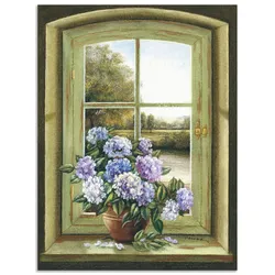 Wandbild ARTLAND "Hortensien am Fenster", grün (farbe bild(er): grün), B:60cm H:80cm, Bilder, als Alubild, Outdoorbild, Leinwandbild, Poster, Wandaufkleber