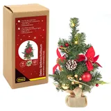 IDENA 31901 - Deko Weihnachtsbaum mit 10 LED in Warmweiß, ca. 40 cm, Tannenbaum mit Baumschmuck in Rot-Gold, Weihnachtsdeko für Innen, batteriebetrieben mit Timer