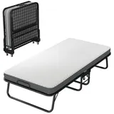 OKWISH Metallbett Klappbares Gästebett (Klappbett, Einzelbett, 90x190cm, mit Matratze, 4 Rollen), Platzsparendes Tagesbett schwarz 90 cm x 190 cm x 44 cm