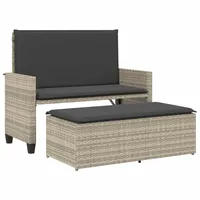 VidaXL Gartenbank mit Kissen und Hocker Hellgrau Poly Rattan
