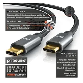 Primewire 2m USB C 3.2 Kabel Gen 2x2-100W PowerDelivery Ladekabel - Datenkabel 20 Gbit/s - Schnellladekabel - USB 3.2 Gen2x2 - Nylonummantelung - 2m