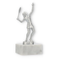 Pokal Metallfigur Tennis Damen silbermetallic auf weißem Marmorsockel 16,0cm