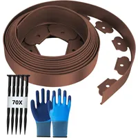 Flexible Rasenkante aus Kunststoff Länge 15m Höhe 5cm, mit 70 Erdanker + 1 Paar Handschuhe, Braun