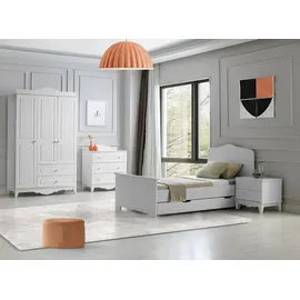 JV Möbel Möbelset Elegant Bett, Nachttisch Kommode, Kleiderschrank, Weiß 4-teilig Design