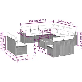 vidaXL 12-teiliges Gartensofa-Set mit Kissen, grau, Polyrattan - Grau