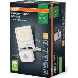 Osram ENDURA FLOOD PC 10W LED-Fluter mit Sensor, 3000K warmweiß, 1000 Lumen, IP44 weißes Flutlicht IR-Sensor 9m, Zeit/Lux-Funktion, Weiß