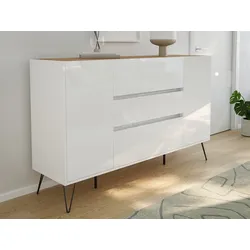 Sideboard Kommode Lovo 155cm Greifraum 3 SoftClose 2 Türen Weiß/Eiche Top