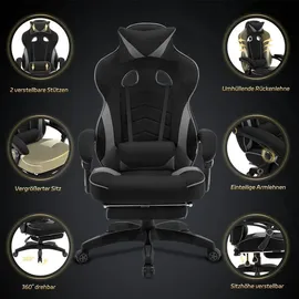 Woltu Gaming Stuhl Racing Stuhl Bürostuhl Chefsessel mit Kopfstütze und Lendenkissen, Fußstütze, Stoff, Grau, BS83gr - Grau