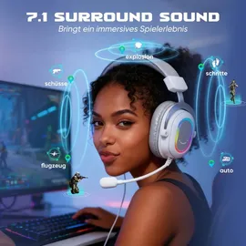 Fifine Gaming Headset mit Mikrofon Over Ear Kopfhörer mit Kabel, USB Headset, Weiß - Weiß