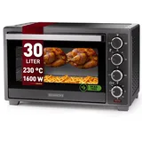Heinrich ́s Minibackofen mit Umluft 30L - Backofen klein mit Drehspieß, Airfryer-Einsatz inkl. Timer, Innenraumbeleuchtung, 100-230 °C, mit großem Sichtfenster, inkl. Zubehör, schwarz, 1600W