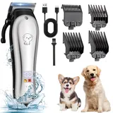 YAZEKY Leise Hundeschermaschine Profi, Schermaschine Hund Katze mit 4 Schneidköpfen, Elektrische Tierhaarschneidemaschine, Hundetrimmer Schnurlosen für Dickes, Lockiges, Langes Hundehaare (Silber)