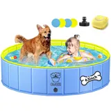 COZII Hundepool, 160 x 30cm Hundepool fur Große Kleine Hunde, Faltbare Hundebadewanne Planschbecken für Kinder, Tragbar Stabiler Hunde Pool rutschfest PVC mit Badebürste