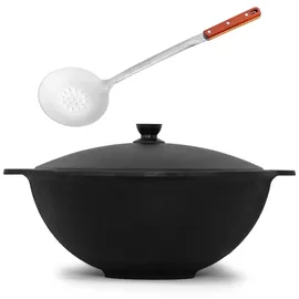 4big.fun Kazan aus Gusseisen 16 L mit Schaumkelle NAMANGAN Kasan Uzbekisch mit Deckel Cast Iron KESSEL Uzbek Camping Usbek Schwenktopf Asia WOK Topf mit Aluminium Deckel Grillwok Gusstopf Wokpfanne