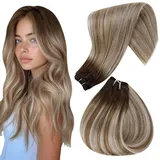 Hetto Tressen Extensions Echthaar Remy Tressen Extensions Echthaar Haarverlangerung Tressen Echthaar Blond Ombre Dunkelbraun Mix Aschbraun und Mittelblond #3/8/22 100g 55cm