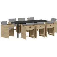 VidaXL 9-teiliges Gartenmöbelset mit Kissen Beige Poly Rattan