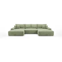 CORNERO Ecksofa mit schlaffunktion VERONA U-Form hellgrün Cord Poso 47 - Schlaffunktion, Bettkasten - Grün