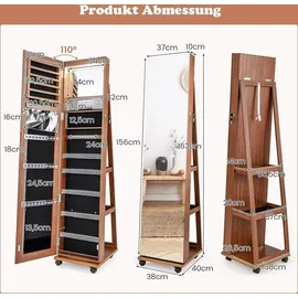 Costway Schmuckschrank mit Rollen, Spiegelschrank abschließbar mit LED-Leuchten & verstellbaren Ablagen, Standspiegel Schmuckregal Ganzkörperspie... - Braun