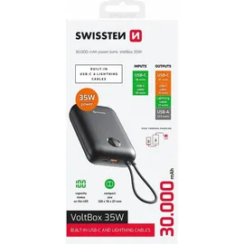 Swissten Swissten, Externer Akku 30000mAh Integrierte USB-C Lightning-Kabel LED-Anzeige, Schwarz
