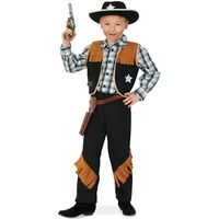 KarnevalsTeufel Kinderkostüm-Set Sheriff, 5-tlg. Weste, Hose, Cowboyhut, Revolvergürtel und Spielzeug-Revolver | Größen 104-152 | Cowboy, Wilder Westen, Karneval (116)
