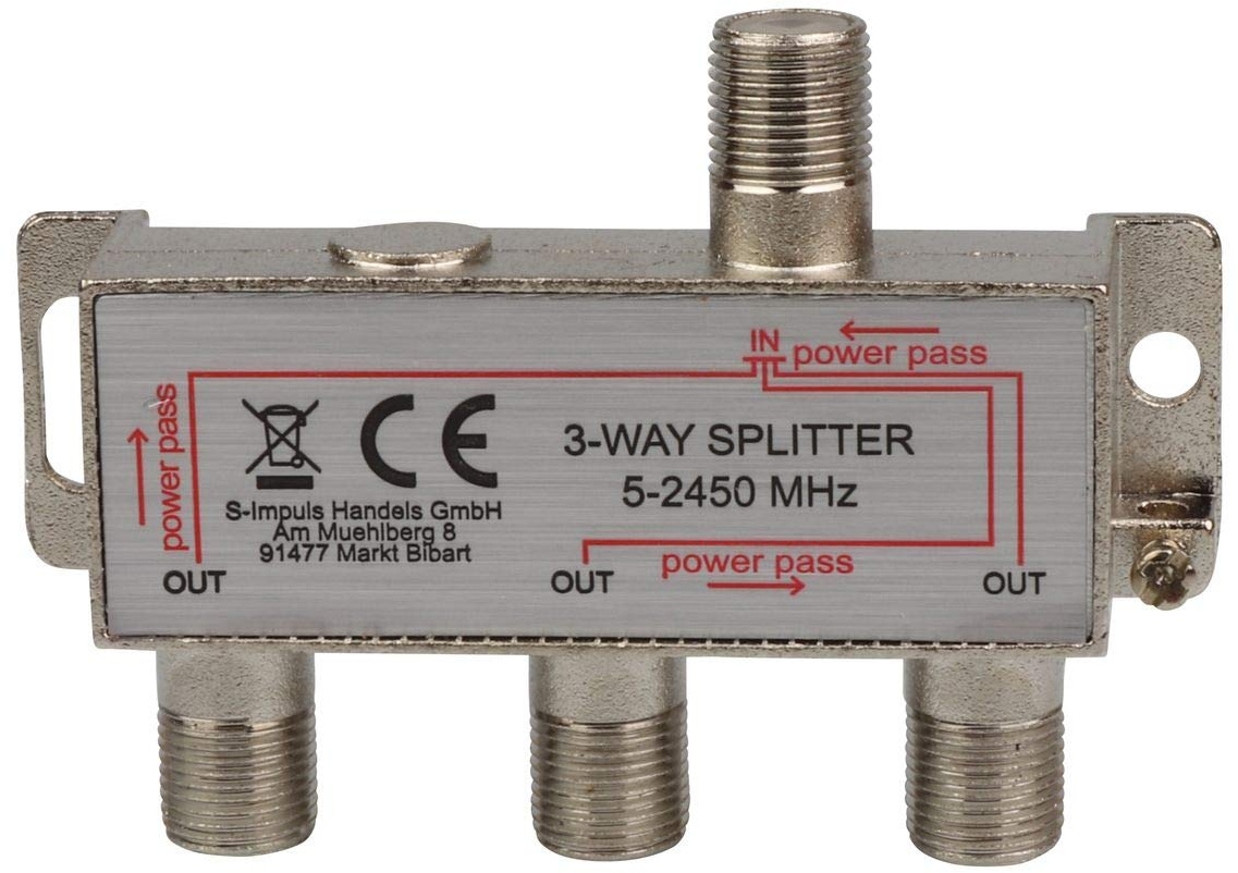 3-Fach SAT & BK-Verteiler Splitter F-Serie - 5-2400 MHz 85 dB - voll geschirmt - UKW Radio - DC-Durchlass - Fernseh-Verteiler - Stamm-Verteiler
