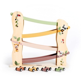 Tiny Love Spielzeug Holz-Rennwagen Rampe, Holz-Autorennbahn mit 4 leichtgängigen Holzrennautos, feinmotorische Fähigkeiten, kognitive Entwicklung, natürliches Design, 18+ Monate, Boho Chic
