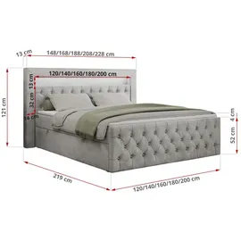 MKS Meble Boxspringbett 140x200 mit Led, Polsterbett 140x200 mit LED Kopfteil - Multipocket-Matratze H3 - Doppelbett mit Bettkasten Stauraumbet - GOLD-9 - 14... - Hellgrau