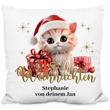 True Statements Weihnachtskissen personalisiert „Frohe Weihnachten!“ Katze-Motiv - 40x40cm, inkl. Kissen-Füllung – Deko Zierkissen Geschenk Weihnachten (Strukturiertes Kissen)