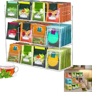 Teebeutel Organizer aus Transparentem Acryl, 12-Fach Teebox für 200+ Teebeutel, Stapelbare Tee Aufbewahrung mit Deckel – Platzsparender Teebeutelhalter für Küche, Speisekammer & Arbeitsplatte