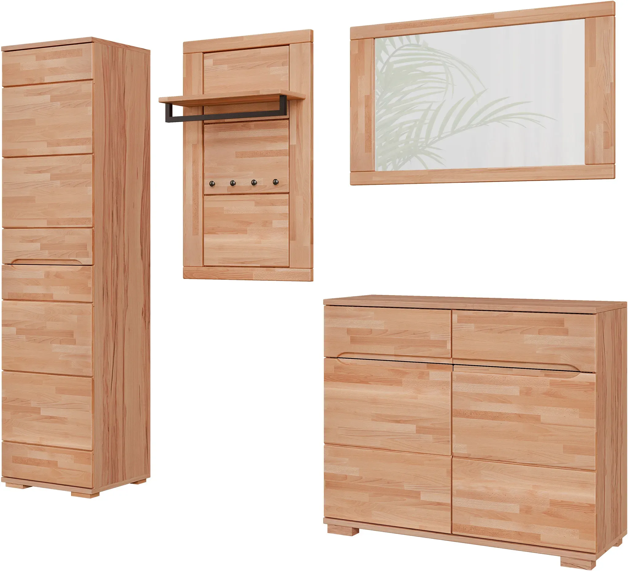 Garderoben-Set HOME AFFAIRE, kernbuche, B:210cm H:190cm T:40cm, Kastenmöbel-Sets, Zeitloses 4-teiliges Garderoben-Set ideal für Flur, Diele, Griffmulden