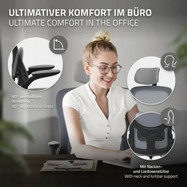 ML-Design Bürostuhl ergonomisch, Grau aus Mesh, mit Verstellbarer Kopfstütze, Armlehnen, Lendenwirbelstütze, Wippfunktion,