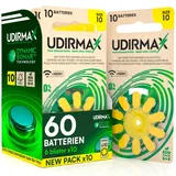 60 Batterien für Hörgeräte Größe 10 Gelb PR70 Udirmax Zink-Luft Öko-Pack mit Dynamic Sonar Technologie - 6 umweltfreundliche Blisterpackungen mit 10 Hörgerätebatterien