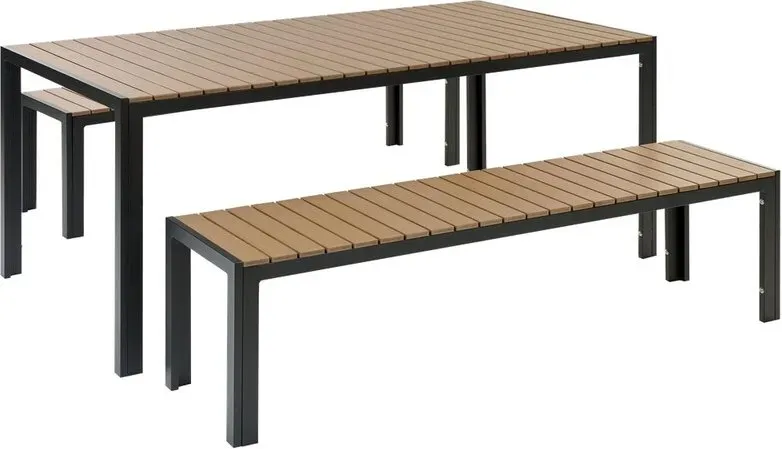 Beliani 6-Sitzer Garten-Essgruppe, großer Esstisch (180 cm x 90 cm x 75 cm) und 2 Bänke (165 cm x 40 cm x 45 cm), Leichtes Holz und Schwarz NARDO