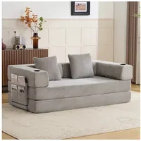Leawin Sofa Sofas Wohnzimmer, Sofa mit schlaffunktion aus Cord mit Cupholder, Faltbares Loungebett mit Seitentaschen und ohne Montage grau