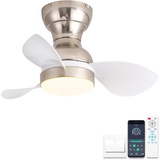 ycwdcz Ø56cm Mini Deckenventilator mit Lampe und Fernbedienung, kleine Deckenventilator mit Beleuchtung, Reversibel Sommer Winterbetrieb 6 Gang Leise DC Motor, Silber + Weiß