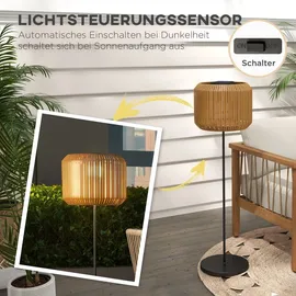 Outsunny Rattan Solarlampe, Wegleuchte mit Warmweißem Licht, Wasserdichte LED Gartenleuchte mit Lichtsensor, Stehleuchte für Garten, Rasen, Stahl,