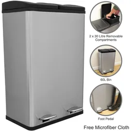 MonsterShop Doppel Tretmülleimer 60 l Silber