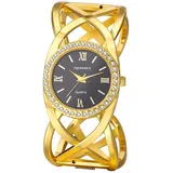 JewelryWe Damenuhr Offen Armreif Uhr: Gold Analog Quarzuhr Damen Edelstahl Breit Spangenuhr Elegant Charme Manschetten Uhr mit Strass Lünette & Schwarz Römische Zahlen Leicht Lesbar Zifferblatt