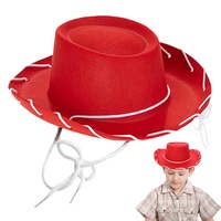 Wedhapy Cowboyhut für Kinder, Cowboyhut für Kinder, breiter Krempe, Vliesstoff, Western-Cowboyhut mit Schnur, einfarbig, Cowboyhut für Verkleidung, Cowboy-Party, Halloween, Rot