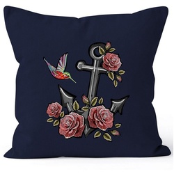 Autiga Dekokissen Kissenbezug Anker Rosen Vogel Kolibri Tropical Anchor Stick-Patch-Optik Kissen-Hülle Deko-Kissen Baumwolle Autiga® blau