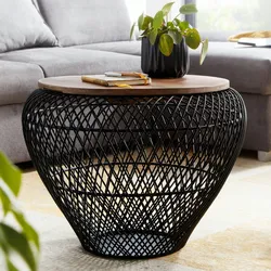 Kadima Design Runder Couchtisch mit Stauraum: Holz- und Metallgestell, innenliegender Stauraum, recyceltes Mango-Massivholz. Schwarz, 60x60x45 cm