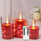 Kiexung LED-Kerzen, batteriebetriebenes Kerzenblinken, eingebautes Sternenlicht-Lichterkettenlicht, unzerbrechliches Plexiglas mit Fernbedienungs-Timer, 3er-Set (rot)