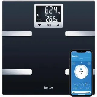 Beurer BF 720 Diagnosewaage mit Bluetooth(R)-Verbindung zur Smartphone-App, Bestimmung von Körpergewicht, Körperfett, Muskelanteil und Kalorienbedarf AMR/BMR, Schwarz,