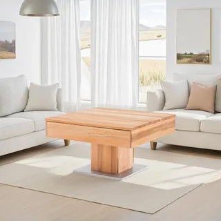 WOODLIVE DESIGN BY NATURE Massivholz Couchtisch quadratisch aus Kernbuche, geölter Wohnzimmer-Tisch, Beistelltisch inkl. Schublade, Tisch 75 x 75 cm