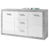 Stella Trading Sideboard in Beton Optik, Weiß Hochglanz - Moderne Kommode mit Schubladen und viel Stauraum - 147 x 89 x 37 cm (B/H/T) 147x89x37 Beton, weiß