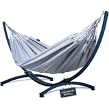 Potenza Outdoor Hängematte mit Verzinkter Gestell für 2 Personen I 100% Baumwolle Merida Doppelhängematte XXL 220x160, 220kg I Hängemattengestell 220kg, wetterfest (Grau, Basic Gestell Graphit)