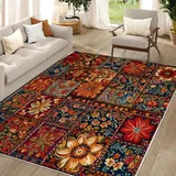 dyausi Teppich Wohnzimmer, Teppich 140x200, Kurzflor Teppich Waschbar in Waschmaschine, Teppich Rot Blumen Patchwork Vintage Boho, Teppich Groß für Schlafzimmer, Kinderzimmer