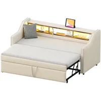 Ausziehbares Schlafsofa 90/180 x 190 cm mit Stauraum, LED-Licht und USB-Anschluss – Bequeme und stilvolle Polsterlösung Beige