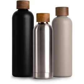 T&N Edelstahl Trinkflasche 500ml, Thermosflasche 0.5l mit Akazienholz Deckel, Isolierte Wasserflasche auslaufsicher bei Kohlensäure, Isolierflasche 500 ml - Silver